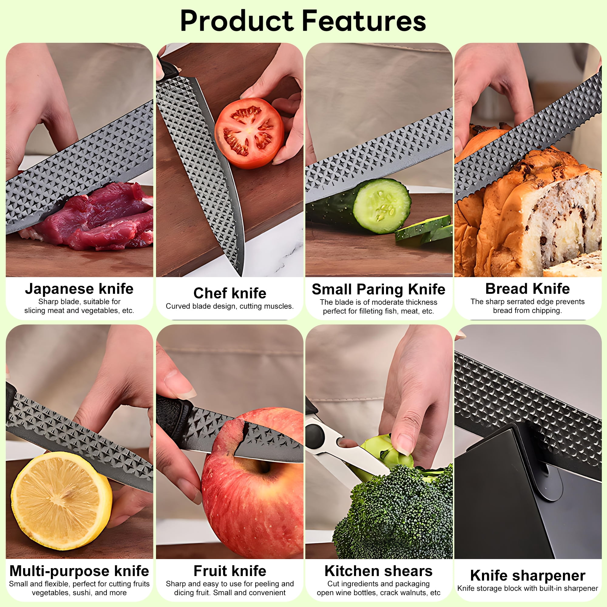 INSMART 15-Piece Kitchen Knife Set with Block,Knives Sets German Stainless Steel,Non-Stick Knives,PP Handle,Dishwasher Safe Black