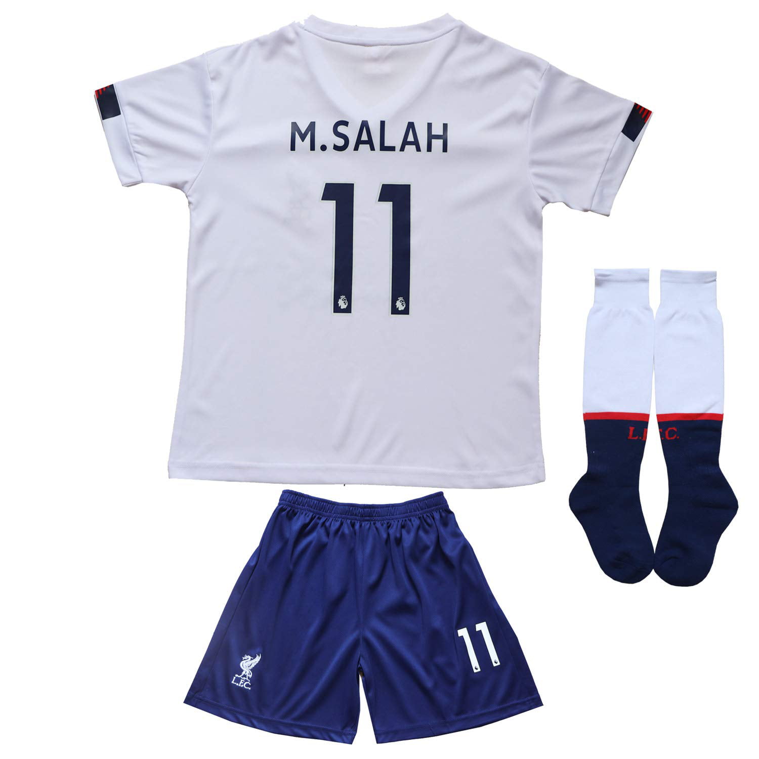 GamesDur Liverpool Mo Salah #11 Away White Kids Soccer Jersey Set Shirt Short Socks Youth Sizes
