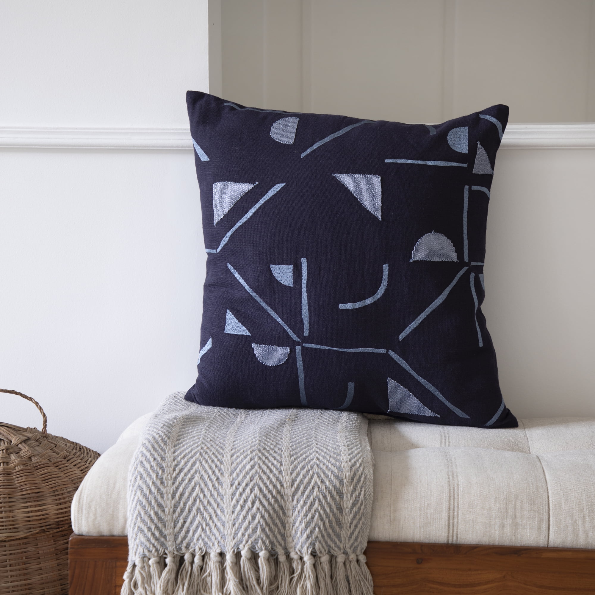 Ox Bay and Stacy Garcia 20" x 20" Denim Blue Embroidered Geometric Cotton Blend Adult Decorative Feather Filled Pillow