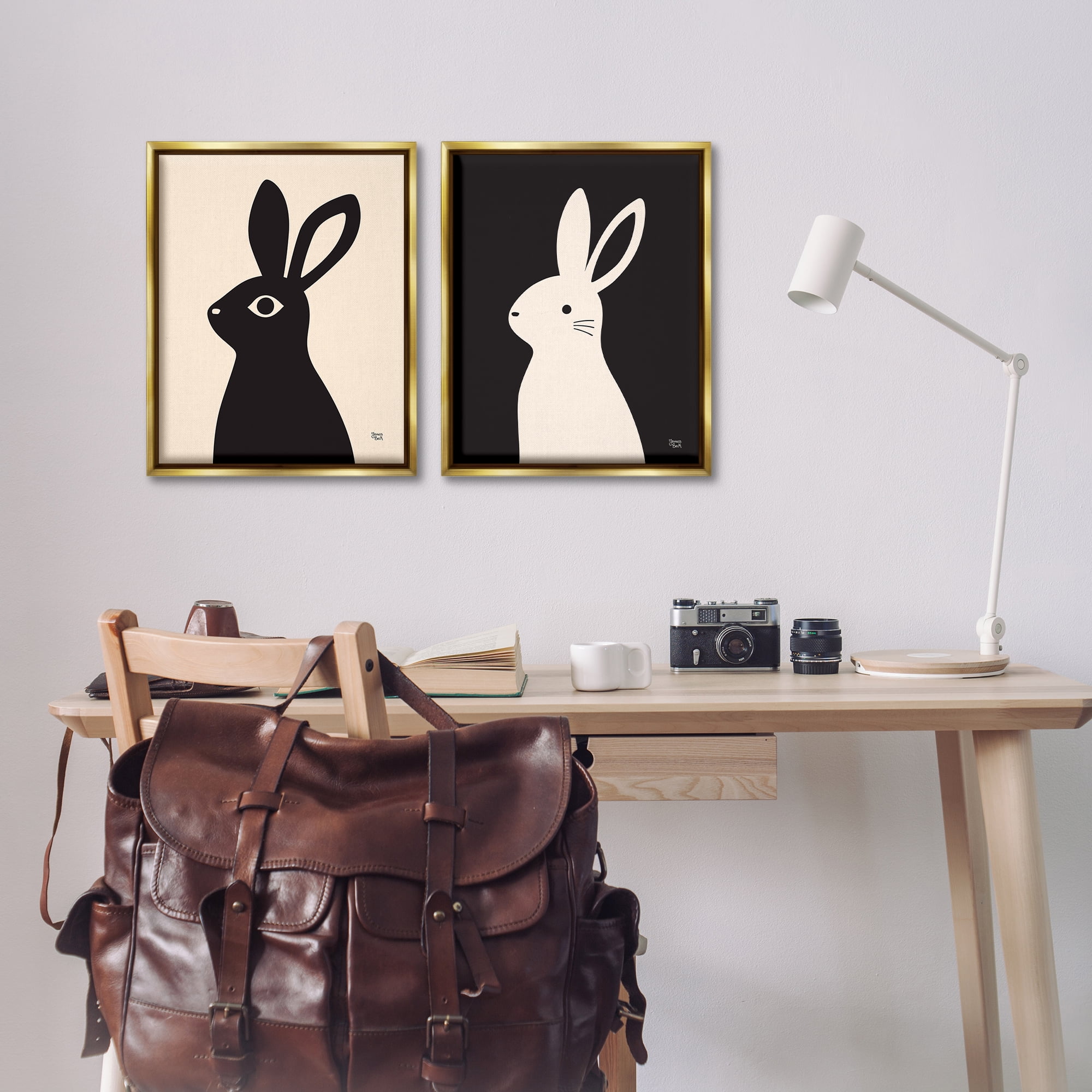 Stupell Industries Cream & Black Rabbits Animals Painting Gold Floater Framed Canvas Art Print Wall Art, 17 x 21, Set of 2
