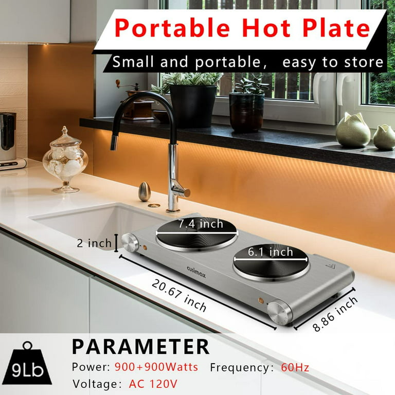 Double Burner Electric Stove Cast Iron Hot Plates Heavy Duty Cooktop Silver