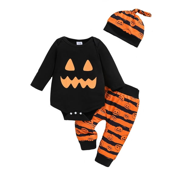 LIIPEE Boys Girls Outfit Halloween Cartoon Pumpkin Printed Long Sleeve Round Neck Bodysuit Striped Pants Set Baby Trendy Birthday Outfits,Black,9-12 Months