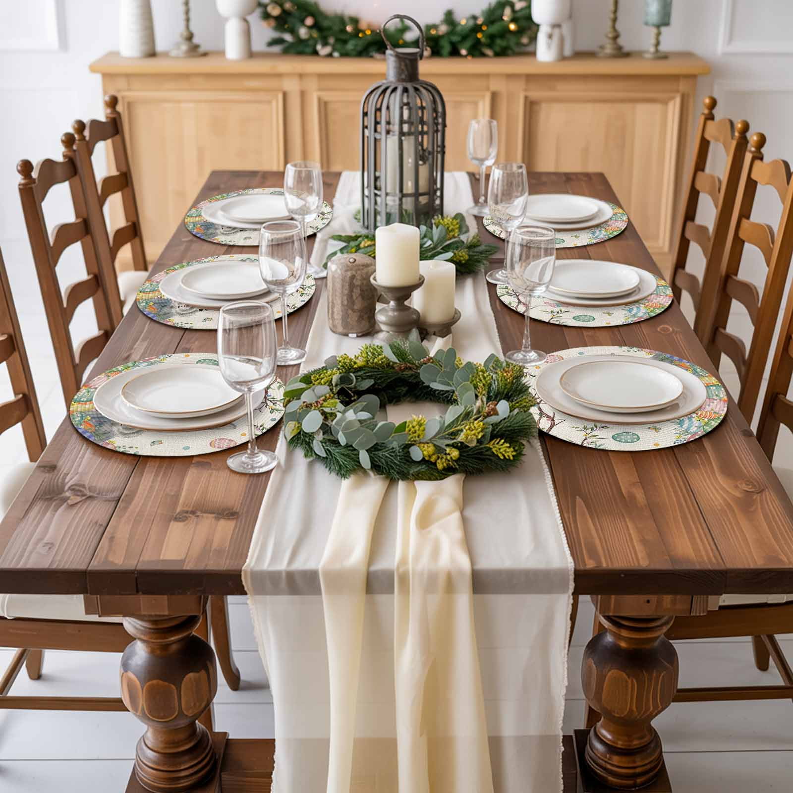 Round Woven Placemats set of 8, Eggs Bunny Easter Tree Washable&Heat Resistant Plastic Wipeable Placemats for Round Table Spring Floral Kitchen Dining Table Decor, 15in, Beige