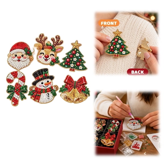 DIY Christmas Diamond Brooch Kit With 6 Designs, Holiday Craft Pins,6 Festive Designs With Santa, Reindeer, Snowman And Tree, All Tools Included, Wearable Holiday Sparkle, Quick Party Craft