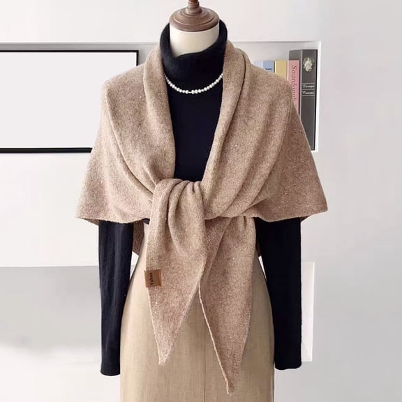 Women's Large Wool Blend Shawl with Sequins, Versatile Triangular Scarf Wrap for Autumn and Winter, Warm Knitted Vest Poncho for Neck Protection, Multi-Season Fashion Accessory - Beige