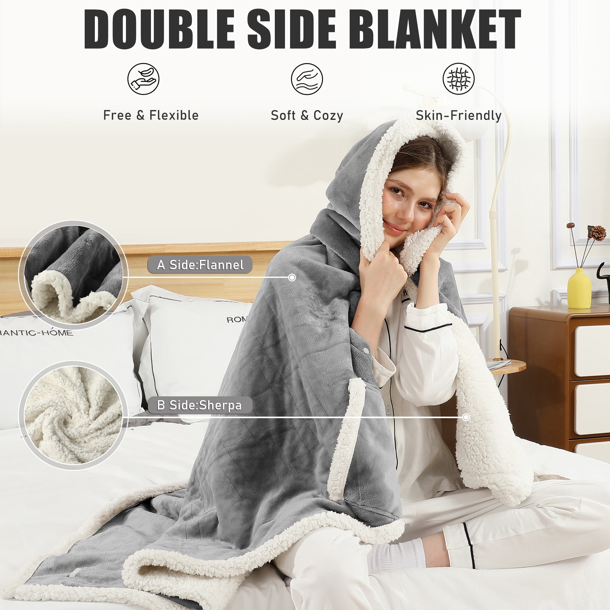 TRUSTWARMTH Wearable Heated Throw Blanket 50"*64", Electric Heated Throw Blanket Wrap Poncho with Hood Pockets, 6 Heating Levels & 4 Hours Time Settings, Machine Washable, Grey