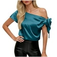 thumbnail image 3 of Horkkom Off The Shoulder Tops for Women Short Sleeve Silk Blouse Summer Cusual Solid Color Satin Tops XXL, 3 of 7