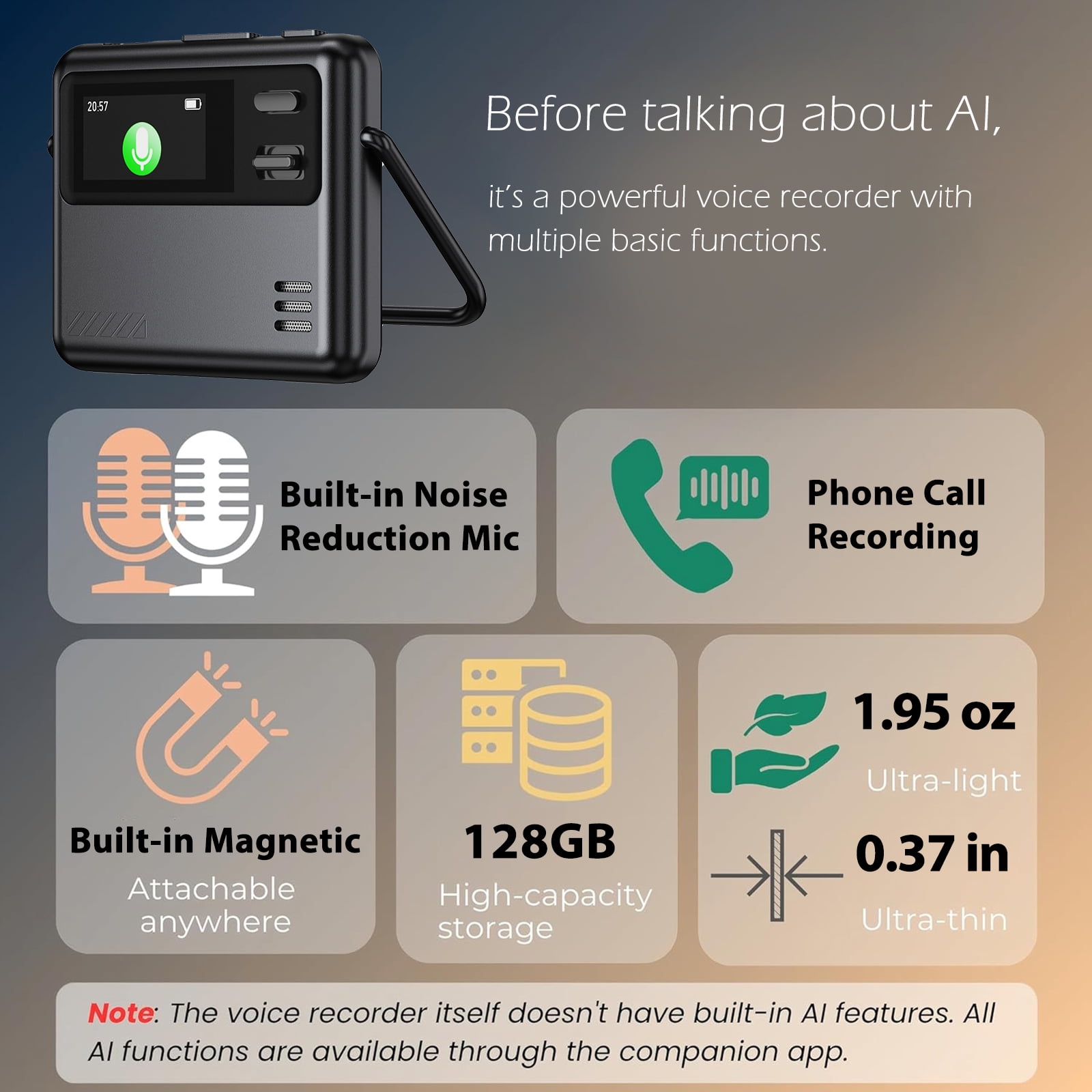 RONY 128GB AI Voice Recorder with Voice-to-Text Transcription Translation: 3072kbps Magnetic Voice Activated Recorder for Lectures Meetings Interviews