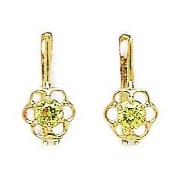 14k Yellow Gold November Yellow 3mm CZ Flower Leverback Earrings - Measures 12x6mm