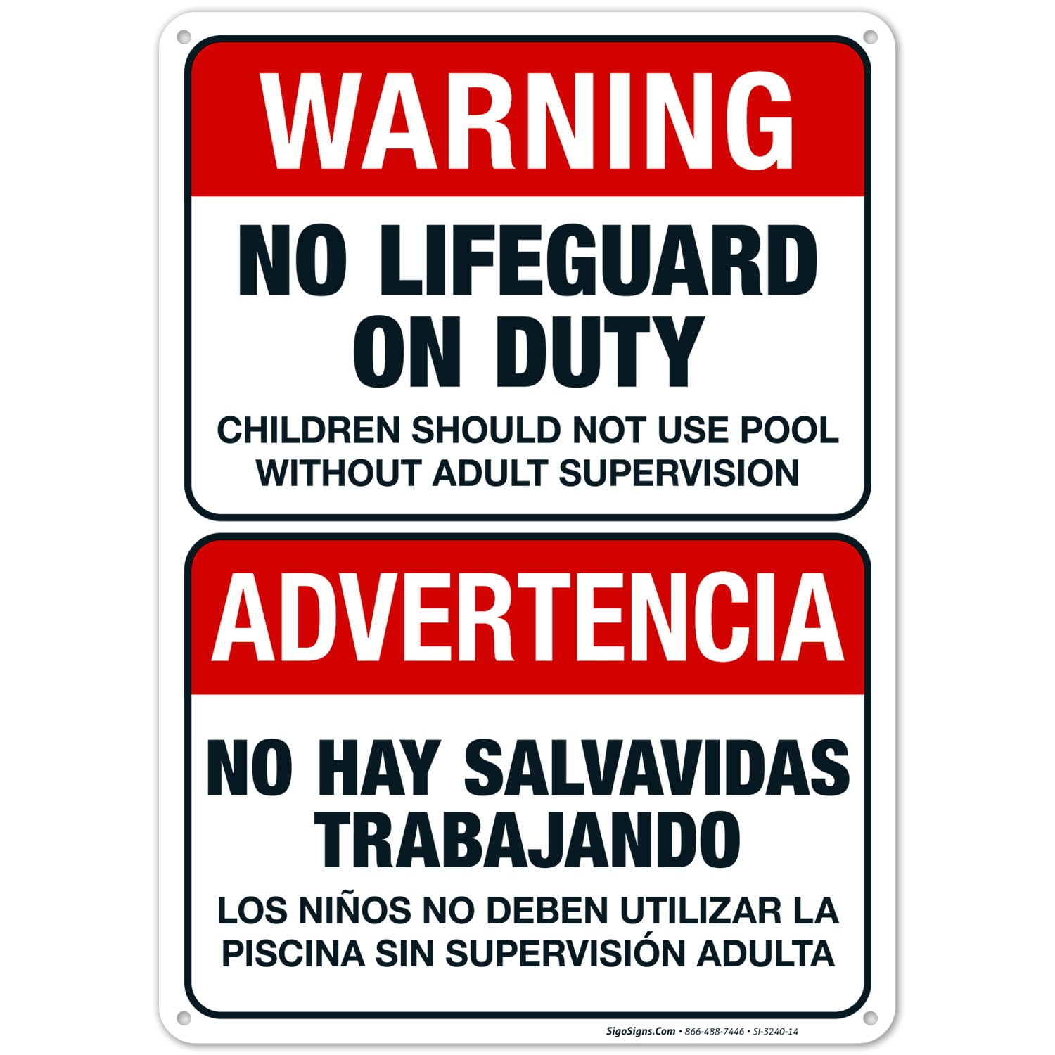 Bilingual No Lifeguard On Duty Sign, Spanish English, 10x14 Aluminum