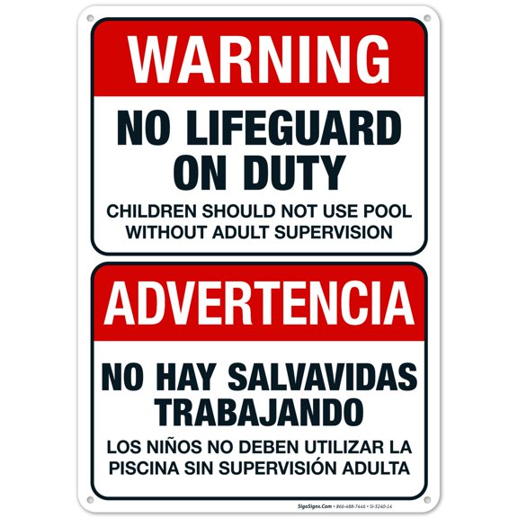 Bilingual No Lifeguard On Duty Sign, Spanish English, 10x14 Aluminum