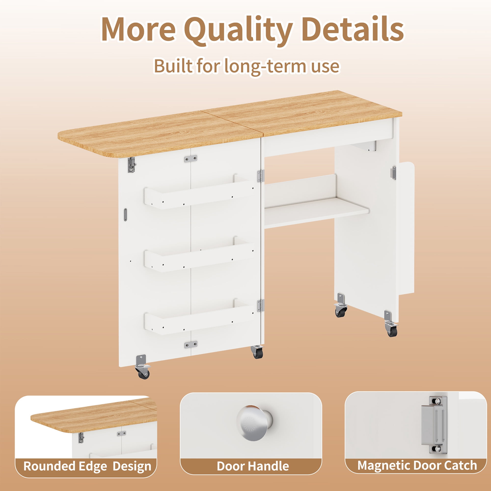 WARAYZ Foldable Space-Saving Sewing Table with Storage, Power Outlet, 6 Side Trays & Open Shelf, Lockable Wheels, White, 1 Count