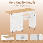 WARAYZ Foldable Space-Saving Sewing Table with Storage, Power Outlet, 6 Side Trays & Open Shelf, Lockable Wheels, White, 1 Count