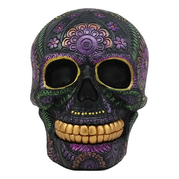 Ebros Semi Metallic Black Day of The Dead Floral Skull Figurine DOD Floral Sugar Skull With Purple Themed Flowers And Gold Colored Teeth Statue 6.5"Long As Halloween Ossuary Macabre Decor Collectible