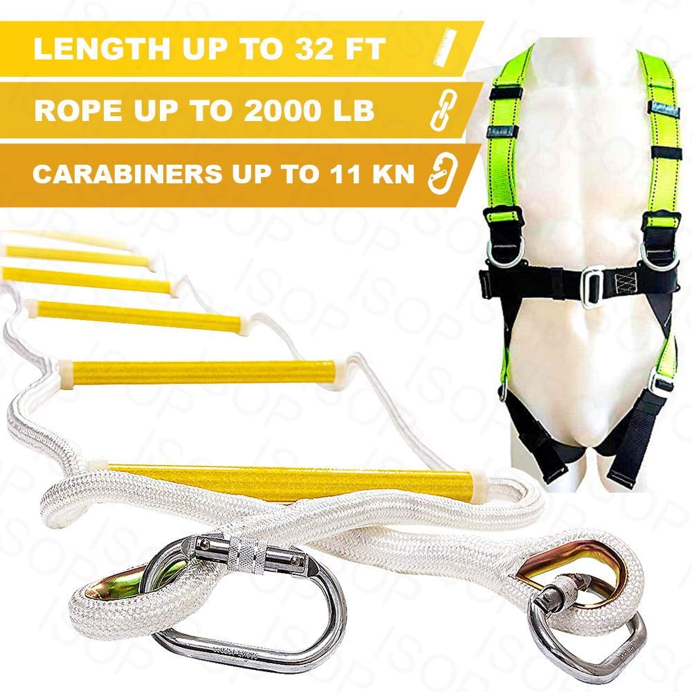 Fire Escape Rope Ladder Balcony/Window for 4 Story Homes 32 ft/10 m with Full Body Harness