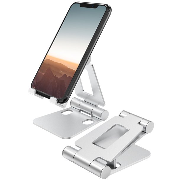 SilverSoporte portátil para teléfono celular, aluminio ajustable multiángulo, soporte portátil para teléfono inteligente de escritorio, soporte universal ajustable de aluminio para teléfono celular de