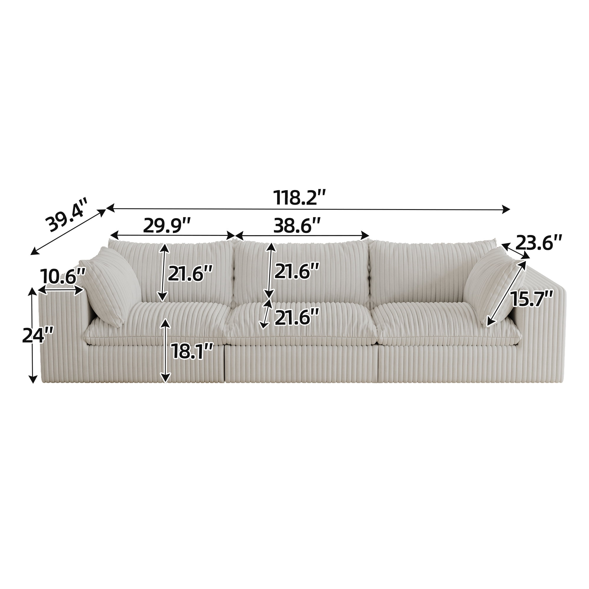 MAYEERTY 118.2" Cloud Sofa White Corduroy Fabric Deep Seat Double-Layer Design Removable Cushion No Assembly DIY Combination for Multi-Rooms