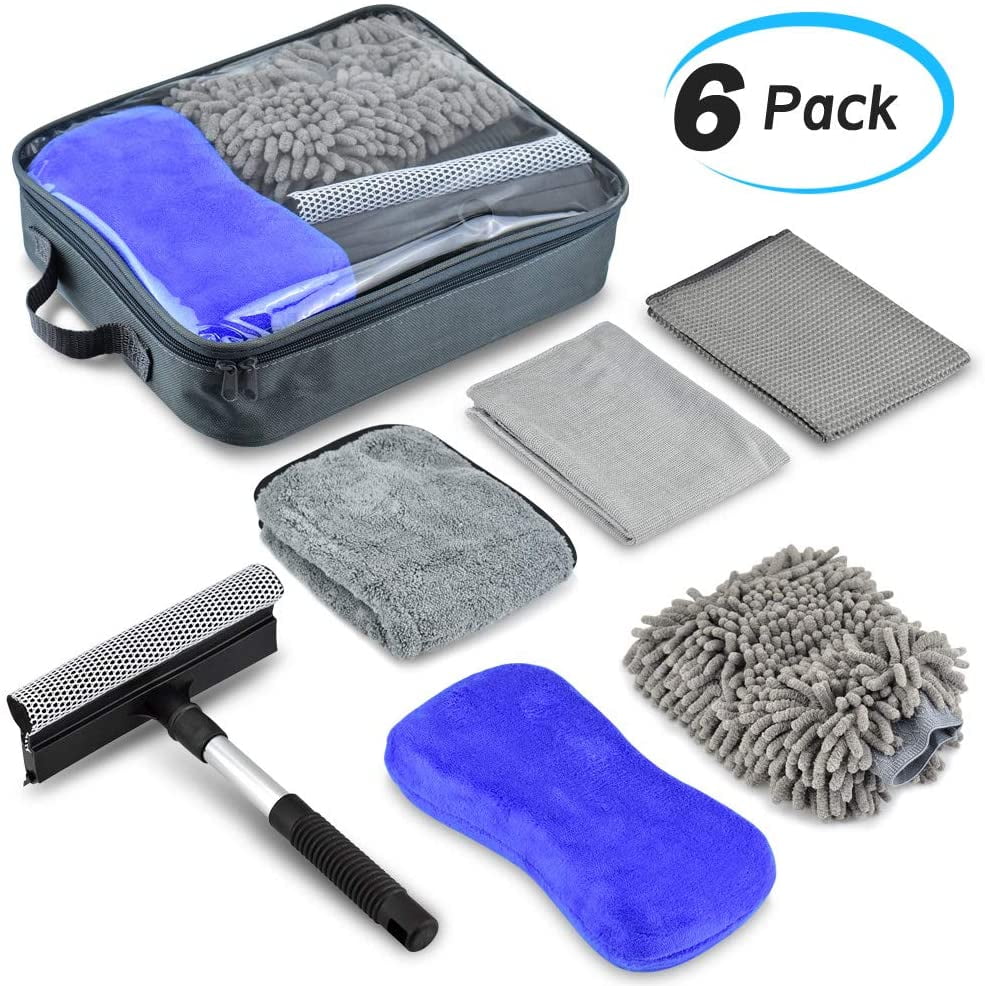Koueja101 Cleaning Kit Double Side Soft Water Absorption Car Cleaning Brush Mitten Glove Washing Tool Blue+Gray 