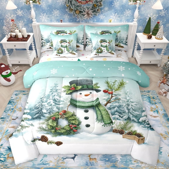 Castle Fairy Kawaii Christmas Snowman Twin Bedding Sets 7-Piece for Teens,Winter Snowflakes Bedding Comforter Set Microfiber,Happy Xmas Breathable Sheet Sets,Ultra Soft Home Decor,Reversible