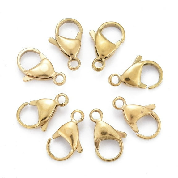 10pc Ion Plating(IP) 304 Stainless Steel Lobster Claw Clasps Parrot Trigger Clasps Real 18K Gold Plated 15x9x4.5mm Hole: 2mm