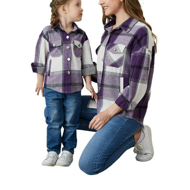 Family Matching Women Girls Flannel Plaid Jacket Shacket Long Button Down Shirt Coat