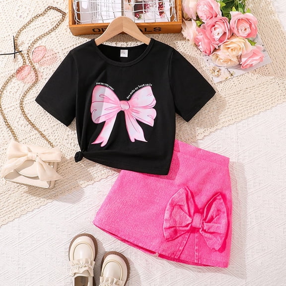 RMGVDSD Girls Clothes 2Pcs Bow Print Short Sleeve T Shirts Denim Skirt Shorts Set Tween Girls Summer Outfits Fashion Tees Shorts Set Comfort Fit Clothes