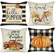 AENEY Fall Decor Pillow Covers 16x16 Set of 4 Buffalo Check Plaid Stripes Pumpkin Truck Bicycle Outdoor Fall Pillows Decorative Throw Pillows Farmhouse Thanksgiving Cushion Case for Couch