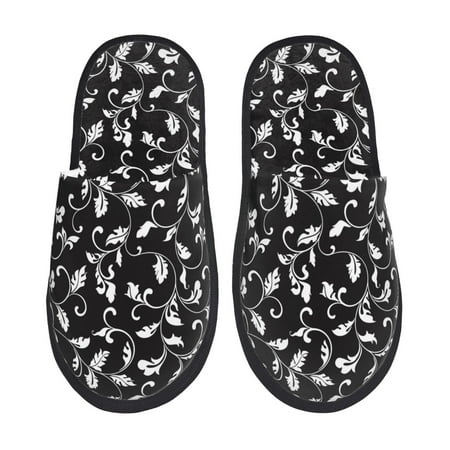 Balery Black White Leaves Slient Indoor Furry Fleece Comfort House Shoes Soft Non-Slip Home Shoes Cotton slippers House Slippers-- Large