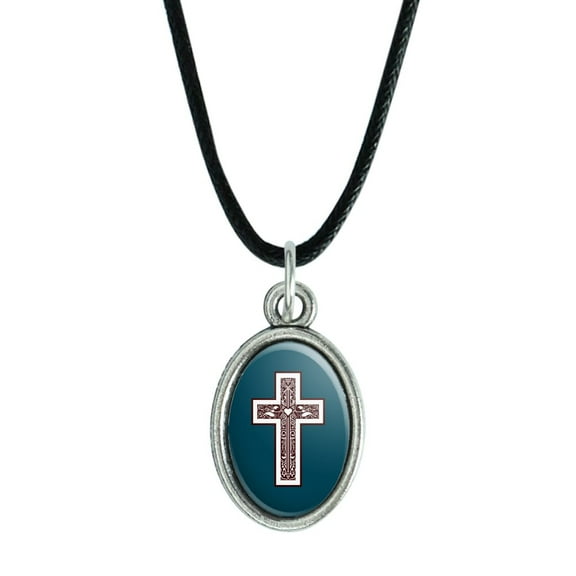 Cross with Heart Christianity Antiqued Oval Charm Pendant with Black Satin Cord