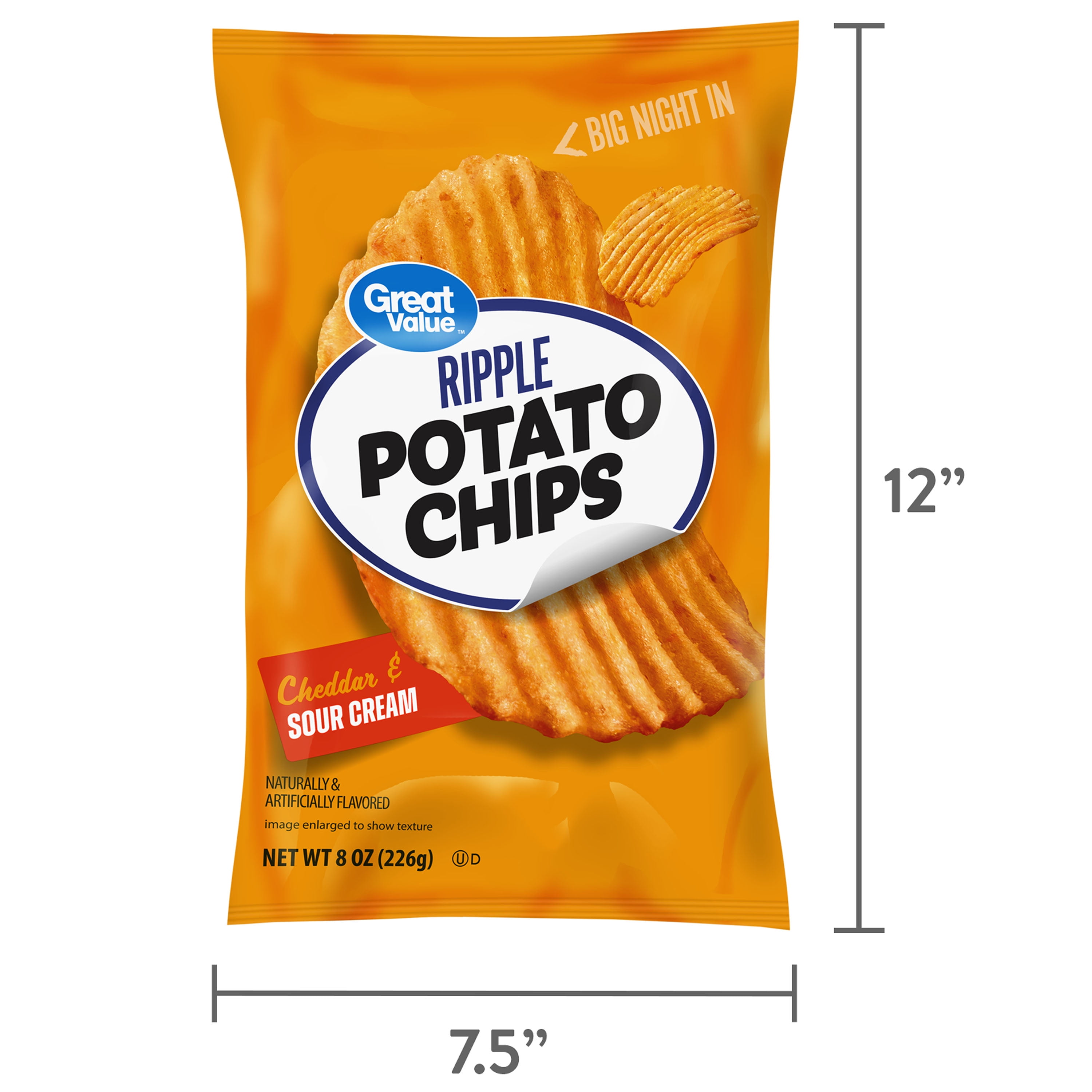 Great Value Rippled Cheddar & Sour Cream Potato Chips, 8 oz Bag