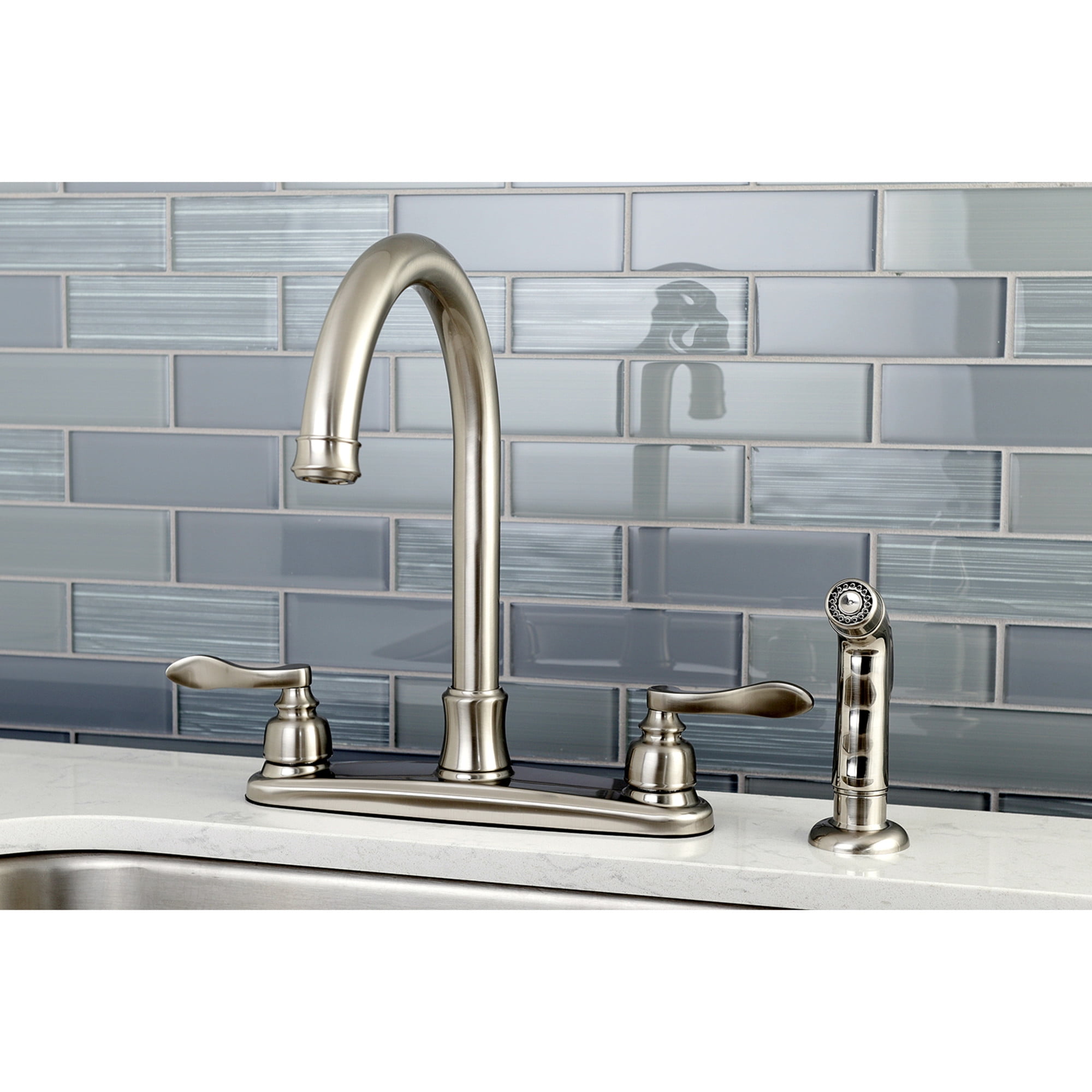 Kingston FB7798NFLSP NuWave French Two-Handle 4-Hole 8" Centerset Kitchen Faucet with Side Sprayer in Brushed Nickel