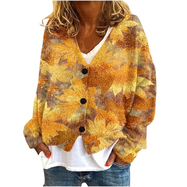 Puntoco Chaqueta De Punto Informal Con Estampado De Hojas Para Mujer, Chaqueta Con Botones, Abrigo De Felpa, Para Otoño E Invierno
