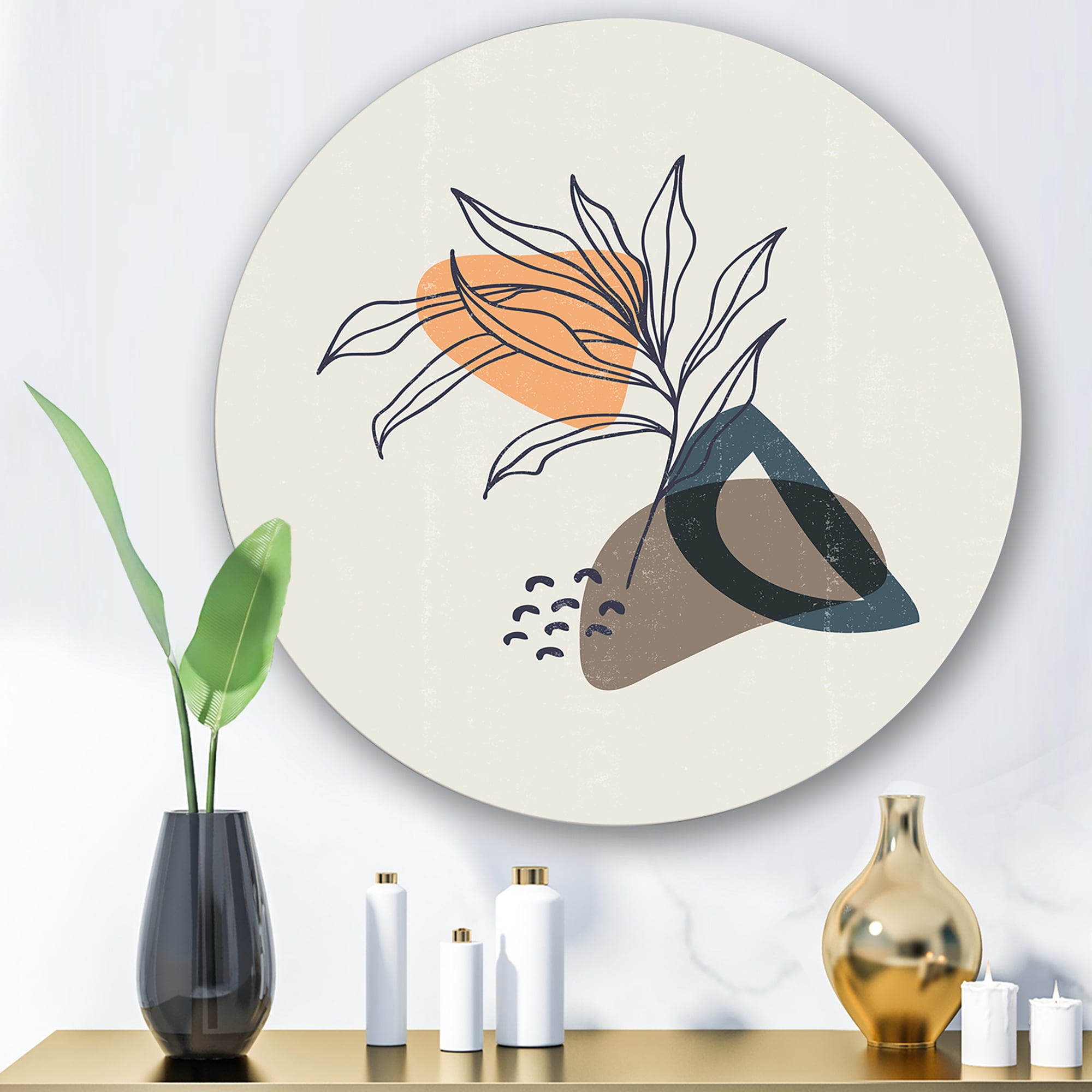 Designart 'Minimalist Shapes With Ancient Plant I' Modern Circle Metal Wall Art 23x23 - Disc of 23