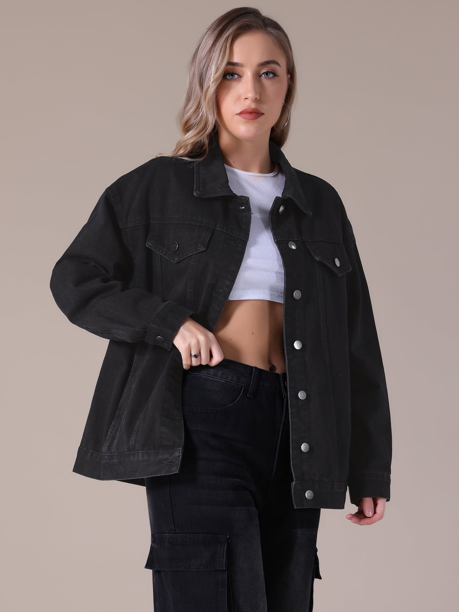 Unique Bargains Women's Casual Denim Jacket with Oversized Pockets XL Black