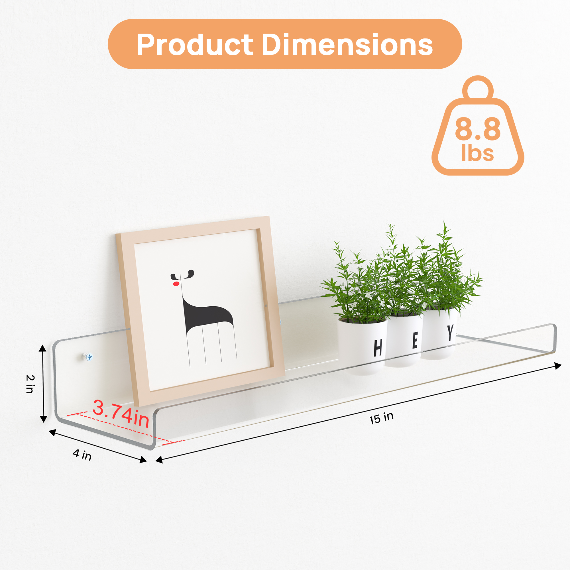 15" Acrylic Floating Shelves Wall Mounted, Upsimples 5pack Clear Acrylic Shelves, for Bedroom, Living Room, Bathroom, Kitchen