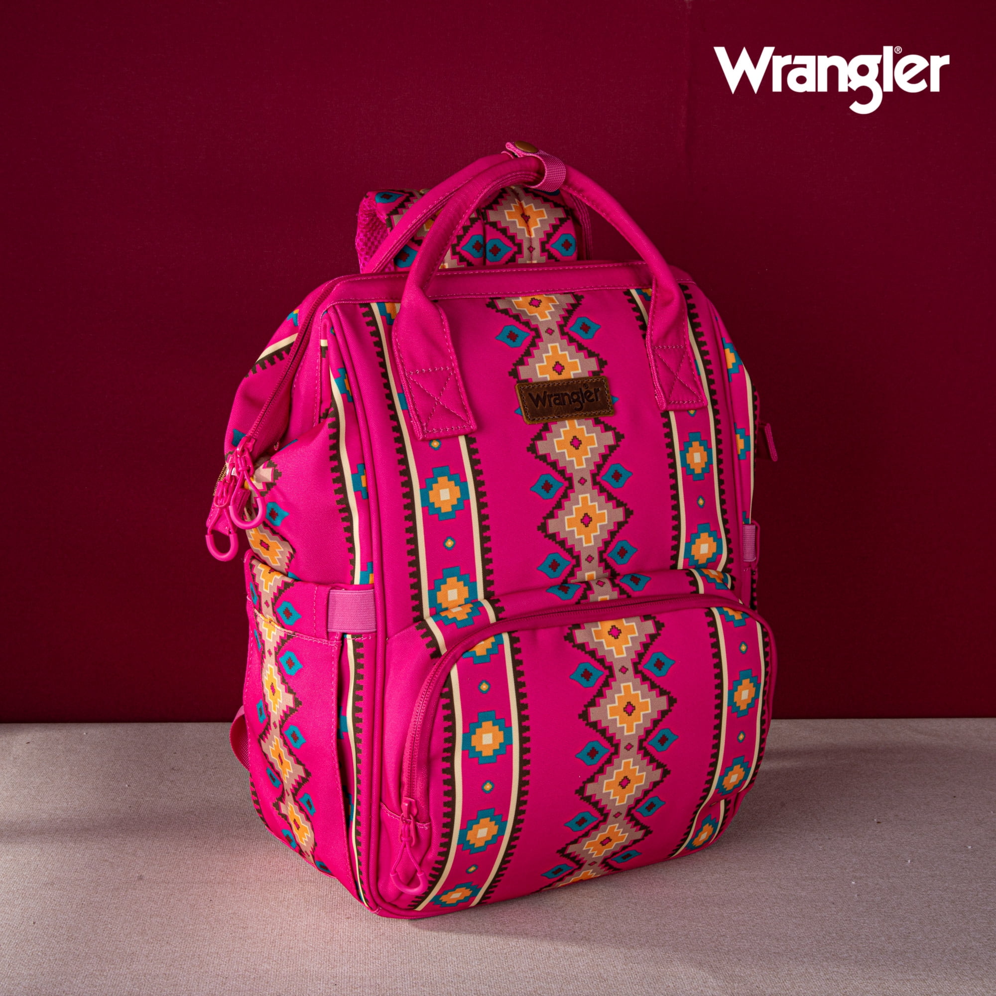 Wrangler Aztec Travel Backpack Baby Bag for Women with Stroller Strap and Side Bottle Pockets Organized Diaper Bag, Hot Pink