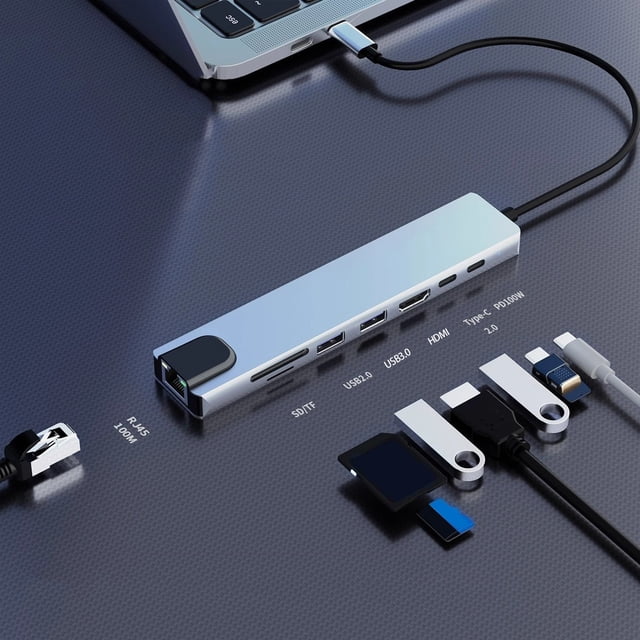 MORESEC under $5 Type C Hub Docking Station8 in 1 Adapter with HDMI 4K PD 100W Charging, USB 3.0 RJ45 Ethernet SD TF Card Reader, for Laptop Tablet Phone