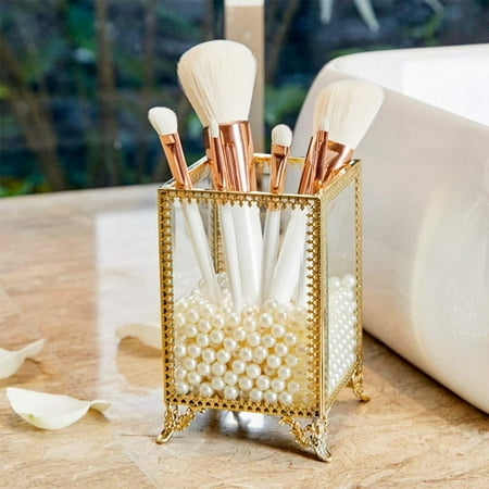 PuTwo Makeup Brush Holder Cosmetic Organizer Brass Glass Vintage Storage with White Pearls Golden
