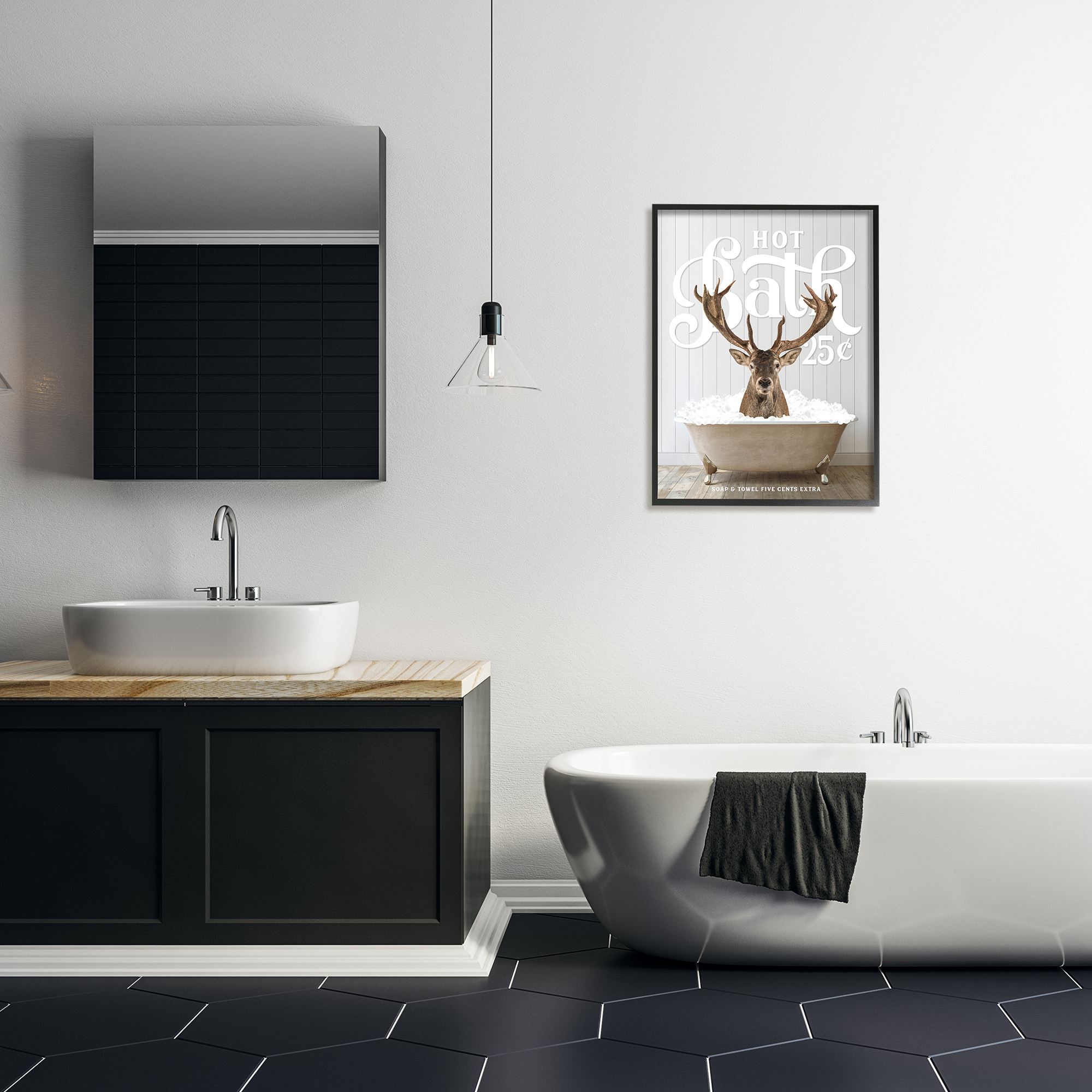 Stupell Industries Vintage Bathroom Deer Animals & Insects Painting Black Framed Art Print Wall Art, 24 x 30