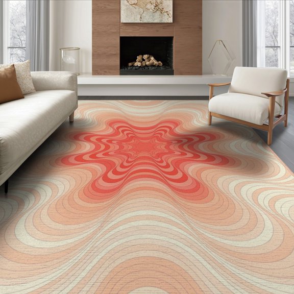 ODIKA 8'x10' Washable Area Rug Non-Shedding, Easy Care, Peach Concentric Spiral Coral Blush Flowing Gradient Curves Contemporary for King Size Bedroom Under Bed, Master Suite