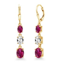 Gem Stone King 18K Yellow Gold Plated Silver Red Created Ruby 3 Stone Dangle Earrings for Women (5.70 Cttw, Gemstone July Birthstone, Oval 8X6MM, 7X5MM and 6X4MM)