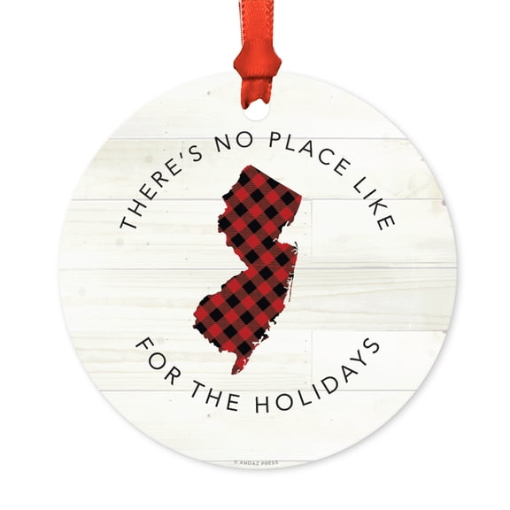 US State Round Metal Christmas Ornament, Red Plaid on Light Rustic Wood, New Jersey, Includes Ribbon and Gift Bag