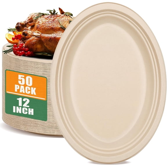 50 Pack Oval Paper Plates,12 inch Paper Plates Heavy Duty,Compostable Natural Bagasse Unbleached Sugarcane Plate,Disposable Plate for BBQ Party Picnic Gathering(Brown)