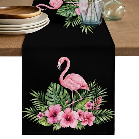 Table Runners 36 Inches Long Dress Scarves, Pink Floral Flamingos Farmhouse Kitchen/Dining Table Decor Table Runner, Short Coffee Tablerunners, Summer Botanical Black Tropical 13x36 Inch