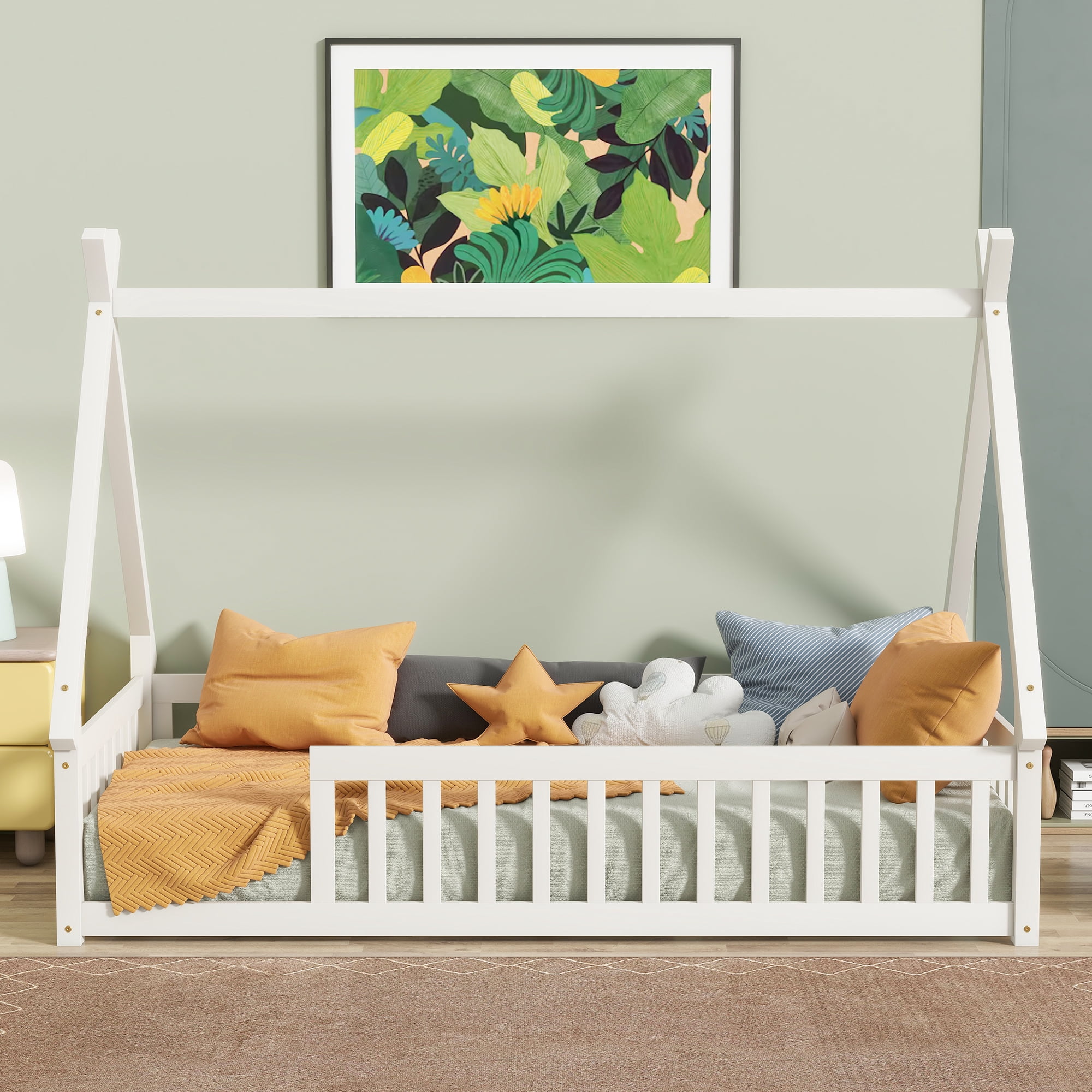 Miniyam Twin Size Floor Bed for Kids with Tent House Frame, Montessori Low Bed with Guardrails, White