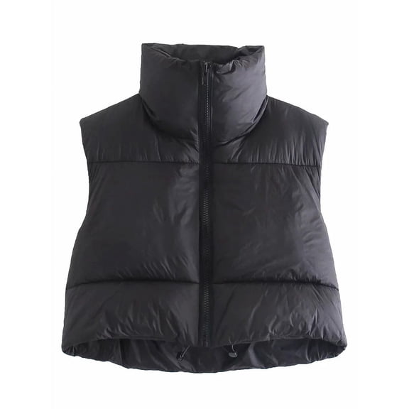 Hotian Women Winter Crop Puffer Vest Jacket Sleeveless Padded Gilet Black S