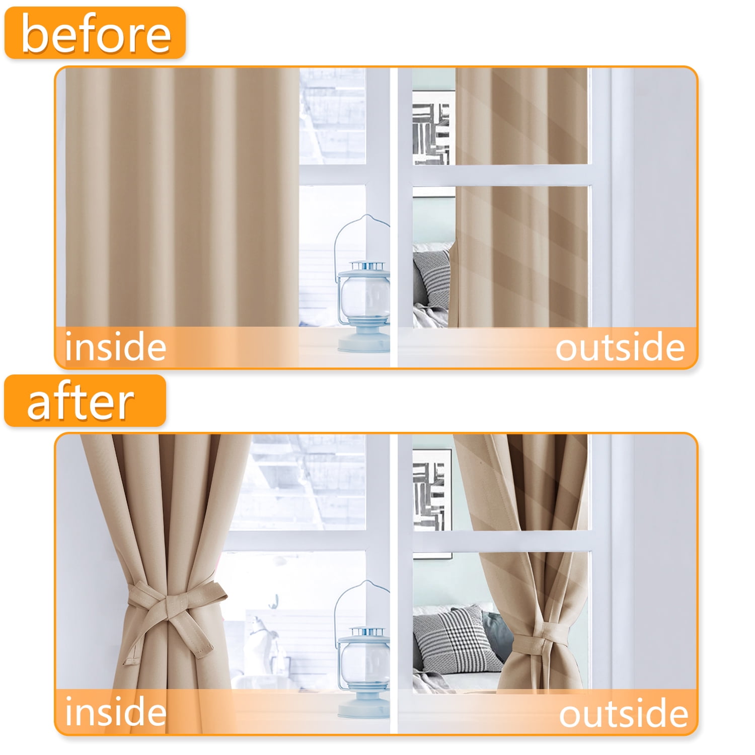 Hiasan Short Blackout Curtains for Bedroom - Thermal Insulated & Energy Saving Window Curtains for Living Room, 2 Drape Panels Sewn with Tiebacks, Beige, 42 x 45 Inch