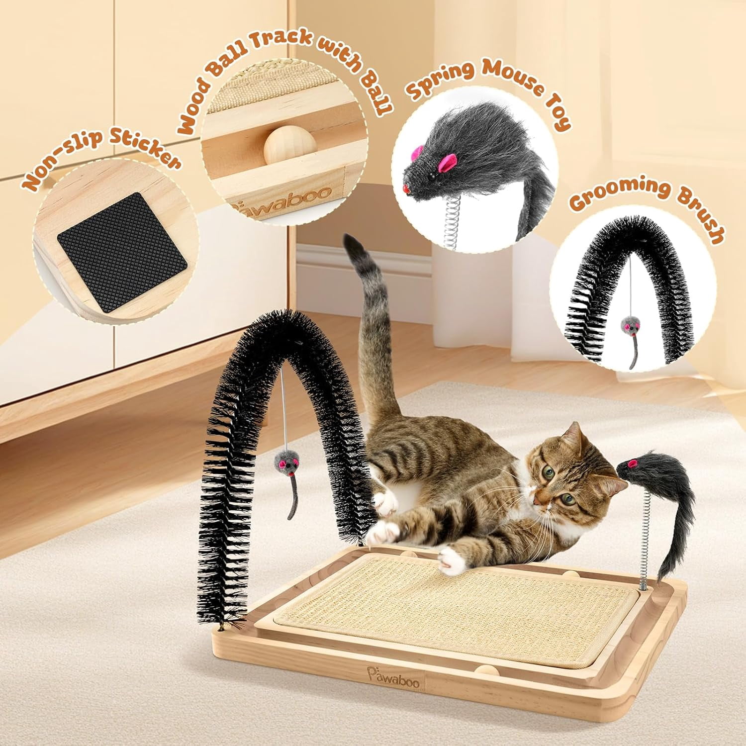 Pawaboo Sisal Cat Scratcher Toy, 16.93"×12.99"×12.20" Cat Scratcher Toy with Ball Track, Wooden Interactive Toys for Indoor Cats Scratch Pad, Cats Chasing Hunting Physical Exercise Toys