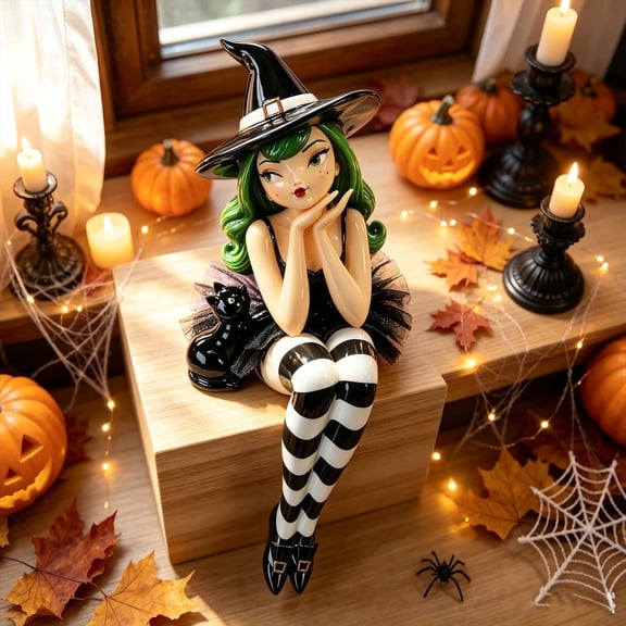 Green Hair Shelf Sitter Witch Girl Figurine With Black Cat, Gothic Resin Edge Sitting Witch Statue With Witch Hat, Whimsical Halloween Tabletop Ornament, Decorations For Home, Mantel, Shelf & Office