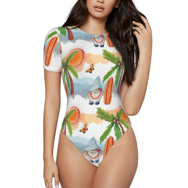 Bingfone Gnome and Surfing Pattern Women's Round Neck Bodysuit, Tight Snap Button Short Sleeve Bodysuit, Suitable for Party, Sports, Daily Wear-Medium
